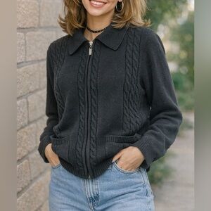 Alia Black Zip-Up Cable Knit Sweater Jacket - Size M
